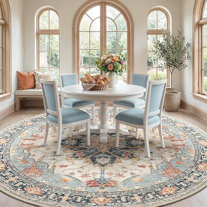 RELEANY 8ft Round Rug, Area Rugs 8ft, Washable Rug, Non-Slip, Rugs for Living Room for Bedroom, Circle , Vintage Rugs Boho Floral Medallion, Low Pile, Soft, Beige Dark Blue Navy Red