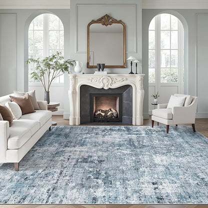 Soalmost Washable Area Rug 8x12, Large Soft Rugs for Living Room Vintage Blue/Grey Carpet 8x12 Area Rugs for Bedroom Dining Room Non-Slip Stain Resistant Under Table Rug