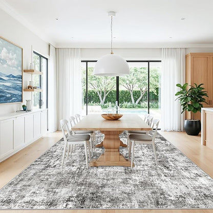 12x12ft Square Living Room Rug – Non-Slip Washable Extra Large Floor Carpet for Bedroom, Dining Room, Playroom Room – Modern Abstract Neutral Thin Low-Pile Big Indoor Rug (Grey)