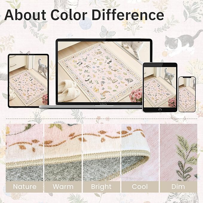 Soalmost Cat 9x12 Pink Area Rugs for Baby Girl Nursery, Washable Animal Floral Vintage Rug Non-Slip Low Pile Soft Throw Rugs for Living Room Dining Room Bedroom Playroom Classroom (9 x 12,Pink)