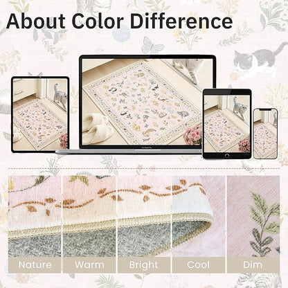 Soalmost Cat 3x5 Area Rugs for Entryway, Machine Washable Animal Floral Accent Rug Non-Slip Low Pile Soft Throw Rugs for Kitchen Bedside Living Room Bedroom Kids Room (3 x 5,Pink)