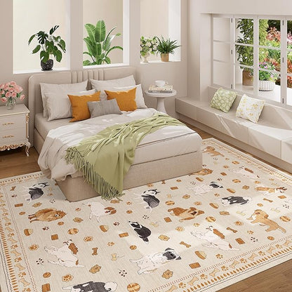 DUKINO 8x10 Area Rug, Non Slip Washable Animal Dog Rug for Living Room, Stain Resistant & Low Pile Indoor Floor Large Carpet for Bedroom, Farmhouse, Nursery, Dining Room, Kids Playroom, Beige Yellow