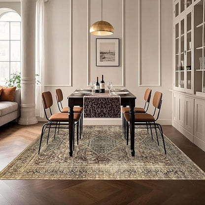 Washable 5x7 Area Rug: Vintage Brown Rugs for Living Room Bedroom Dining Room Office Indoor - Soft Non-Slip Large Carpet Home Decor - Oriental Dark Brown