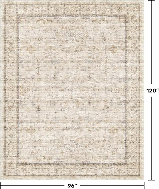 Hazo Haus Washable Ivory Living Room Rug, 8x10 Non Slip Area Rugs for Bedroom, Dinning Room Under Table Low Pile Neutral Farmhouse Vintage Foldable Decor