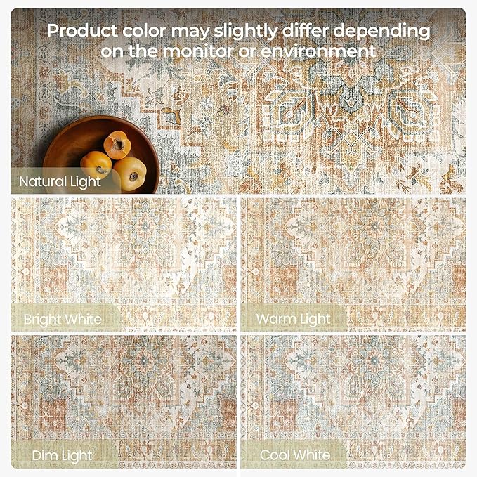 Kokia Washable Area Rugs 9x12 Living Room Boho Non Slip Thin Carpet Stain Resistant Vintage Orange Printed Oriental Distressed Rug for Bedroom Low Pile