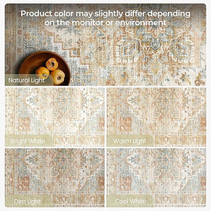 Kokia Washable Area Rugs 10x14 Living Room Boho Non Slip Thin Carpet Stain Resistant Vintage Orange Printed Oriental Distressed Rug for Bedroom Low Pile