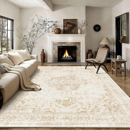 8x10 Vintage Washable Area Rugs Boho Medallion Large Distressed Retro Accent Carpet Floral Non-Slip Soft Low Pile Indoor Throw Rug for Living Room Bedroom Dining Room Office Kitchen, Beige