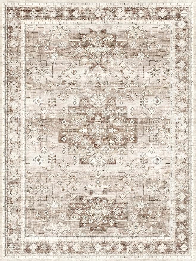 Washable Boho 6x8 Area Rug for Living Room - Vintage Beige Dining Room Rug Under the Table, Low Pile Non-Slip Rugs for Bedroom, Office - Charming Geometric Decor & Stain Resistance (6x8 Beige/Latte)