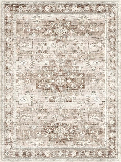 Washable Boho 6x8 Area Rug for Living Room - Vintage Beige Dining Room Rug Under the Table, Low Pile Non-Slip Rugs for Bedroom, Office - Charming Geometric Decor & Stain Resistance (6x8 Beige/Latte)