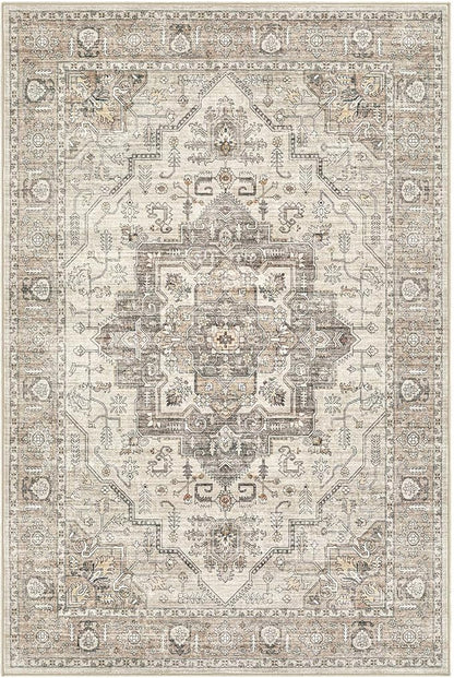 Area Rug 10x14 Washable Vintage - Soft Traditional Rug for Living Room Bedroom Dining Room or Home Office -Non Slip Backing Large Rugs with Low Pile Farmhouse Oriental Retro Carpet - Light Brown
