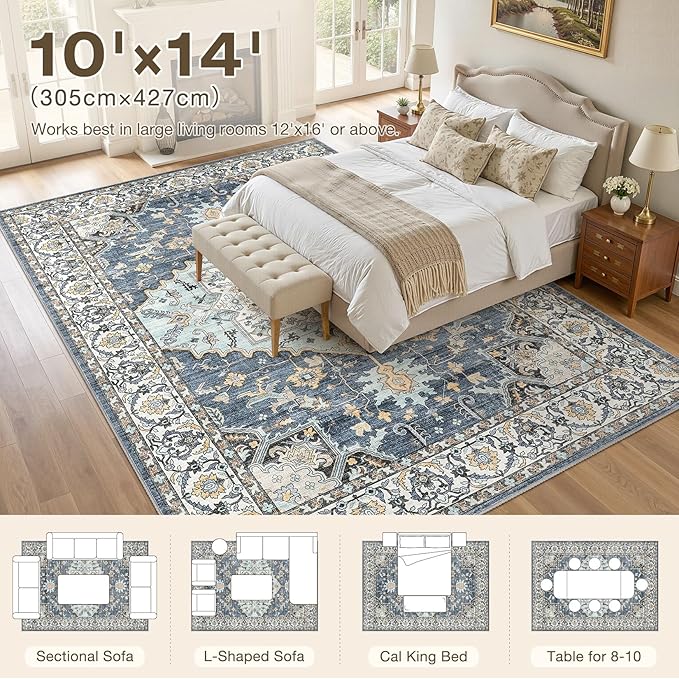 10x14 Washable Area Rugs for Living Room: Non Slip Vintage Blue Yellow Rug, Large Soft Stain Resistant Indoor Floor Carpets for Bedroom Dining Room Nursery Home Office Kid & Pet Friendly