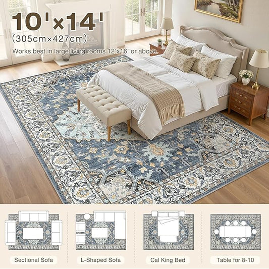 10x14 Washable Area Rugs for Living Room: Non Slip Vintage Blue Yellow Rug, Large Soft Stain Resistant Indoor Floor Carpets for Bedroom Dining Room Nursery Home Office Kid & Pet Friendly