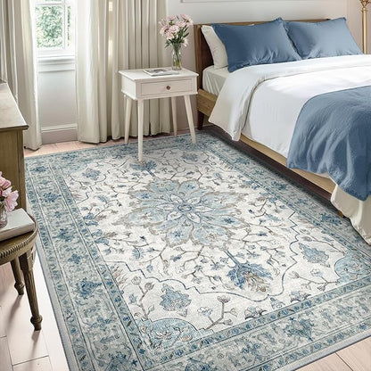 RELEANY Area Rugs 5'x7' Washable Non-Slip, Floral Vintage Distress Print Pattern Medallion Carpet for Living Room Bedroom Dining Room, Light Blue Navy Beige Gray White
