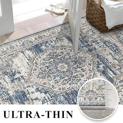 Washable Living Room Area Rug: 8x10 Bedroom Rugs - Farmhouse Distressed Printed Floral Carpet - Foldable Non-Shedding Floor Carpet for Dining Room 8'x10' Blue