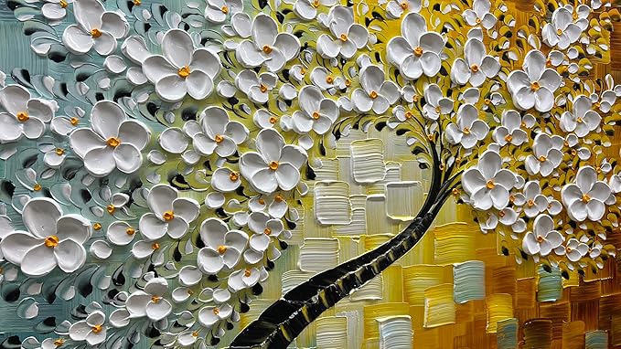 YaSheng Art - Wall Art Oil Painting ,100% HandPainted 3D Texture Wall Art Artwork White Flower Tree Paintings ,Abstract Canvas Wall Art ,Bedroom Dining Room Living Room Modern Wall Art Decor Home , Framed Wall Art Picture 24x48inch