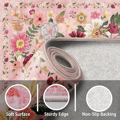 Rug for Hallways Kitchen Rug 3x7, Non Slip Washable Runner Rug with Rubber Backing Soft Floral Carpet for Hallways, Kitchen, Laundry, Bedroom, Bathroom, Pink Garden