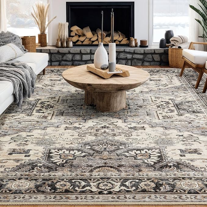 Area Rug for Living Room - 10x14 Soft Machine Washable Oriental Vintage Floral Distressed Large Indoor Floor Carpet for Bedroom Under Dining Table Home Office Decor - Brown