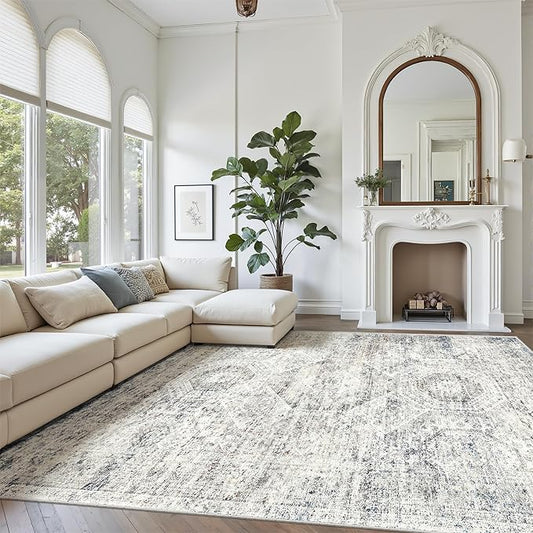Soalmost Area Rug 10x12 Vintage Washable Living Room Large Carpet Non Slip Bedroom Indoor Office Dining Room Low Pile Thin Rug Blue Ivory