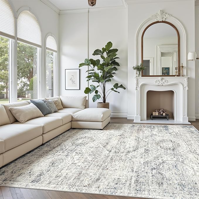 Soalmost 9x12 Area Rugs for Living Room, Non Slip Machine Washable Vintage Rugs, Low Pile Lightweight Large Rug for Bedroom, Dining Room, Home Office Blue/Ivory