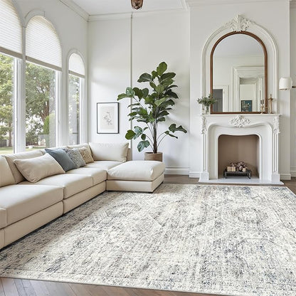 Soalmost 9x12 Area Rugs for Living Room, Non Slip Machine Washable Vintage Rugs, Low Pile Lightweight Large Rug for Bedroom, Dining Room, Home Office Blue/Ivory