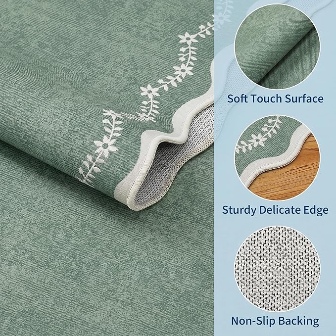 GarveeHome 2.5x8 Scalloped Washable Runner Rug for Kitchen, Soft Green Long Hallway Runner Non Slip Entryway Rug Farmhouse Thin Laundry Mat Stain Resistant Carpet for Bathroom Beside Rug