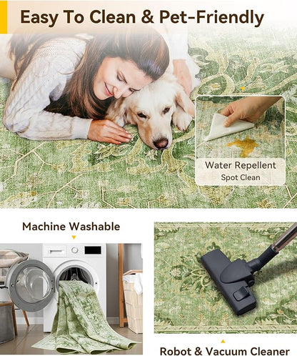 RELEANY Area Rugs 6'x8' Washable Non-Slip, Floral Vintage Distress Print Pattern Medallion Carpet for Living Room Bedroom Dining Room, Sage Green Yellow