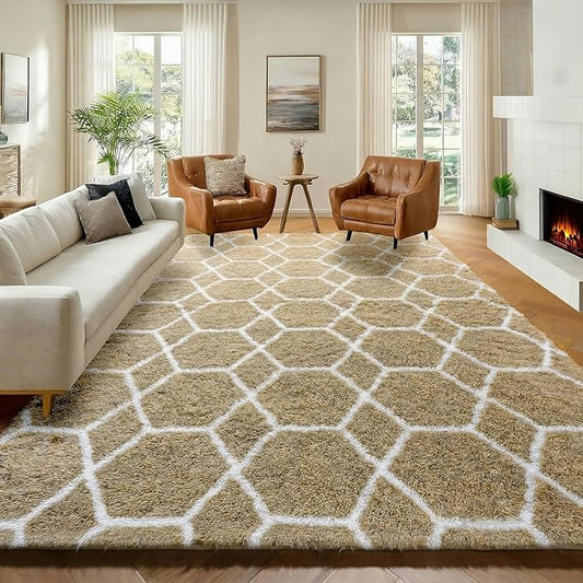 ONASAR Living Room Area Rug 6x9, Large Beige and White Geometric Floor Rugs for Bedroom Home Decor Aesthetic, Soft Fuzzy Shaggy Plush Fluffy Moroccan Carpet for Teen Nursery Dorm Classroom Office