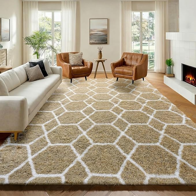 ONASAR 7x9 Area Rugs for Living Room Bedroom, Large Fluffy Beige and White Throw Rug, Geometric Soft Plush Shaggy Indoor Floor Carpet for Nursery Kids Girls Boys Teen Dorm Home Decor Aesthetic