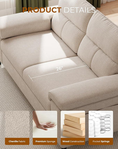 Upvilla 71.25" Modern Sofa Couch for Living Room, Deep Seat Sofas with 8”Cushion, Comfy 2-Seater Chenille Loveseat with Convertible Armrest, Removable Sofa Cover, High Leg (Beige)