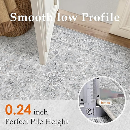 PureCozy Gray 2x3 Area Rug Entryway Washable Vintage Carpet Door Mat Small Indoor Non Slip Soft Low Pile Thin Stain Resistant Distressed Accent Throw Rug for Kitchen Bathroom Entrance Bedroom