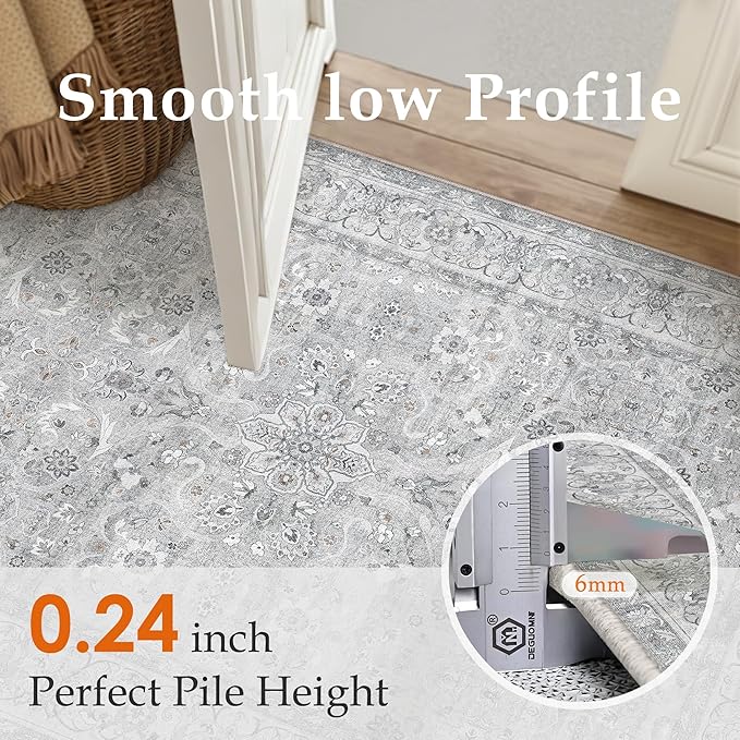 PureCozy Gray 3x5 Area Rug Entryway Washable Vintage Carpet Office Small Indoor Non Slip Soft Low Pile Thin Stain Resistant Distressed Accent Throw Rug for Entrance Bedroom Dining Living Room