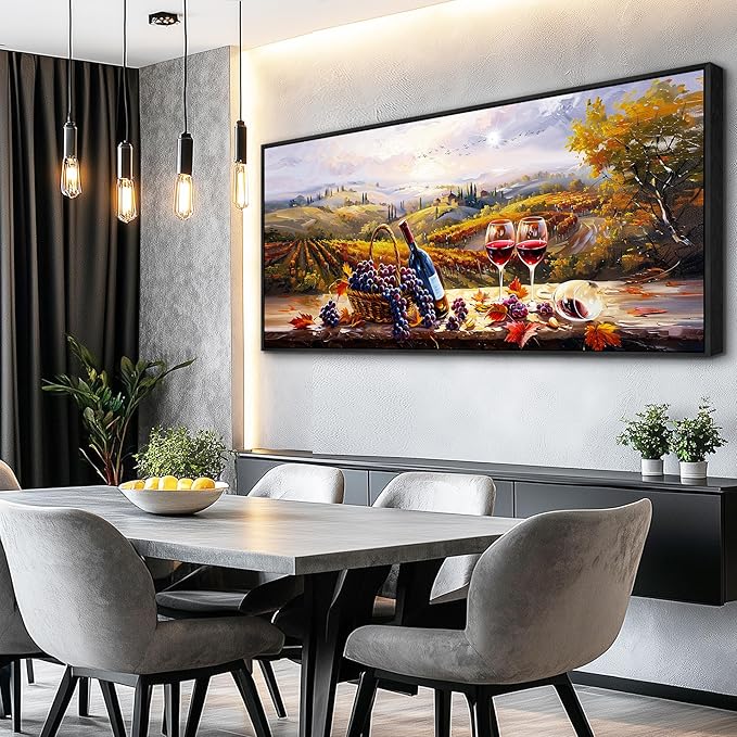 hyidecorart Large Framed Wall Art,Wine Farm View Kitchen Art Prints, French Country Still Life Picture, Fruit Harvest Art Prints, Rustic Dining Room Wall Decor, Restaurant Home Bar Decoration 32x72 In