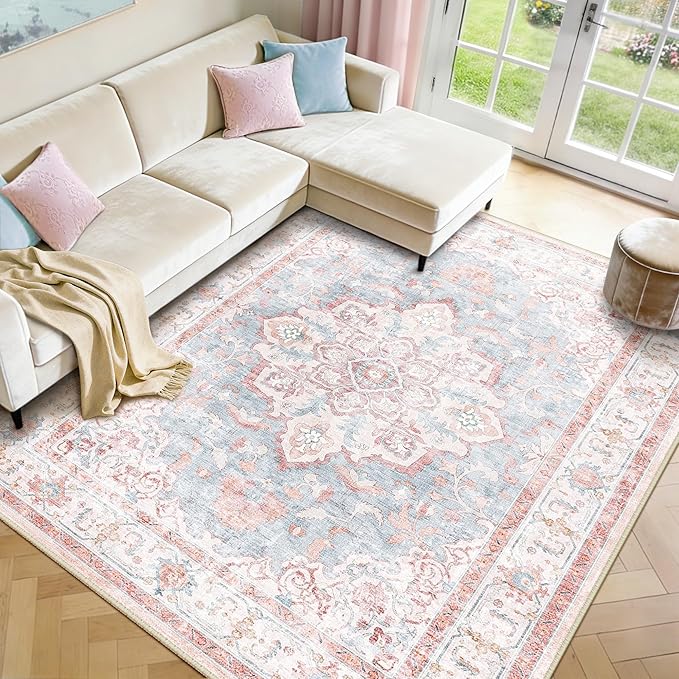 CAPALOCA Machine Washable Rugs Nursery Rug 9x12 Cute Girl Non Slip Low Pile Water Repellent Soft Print Pattern for Bedroom Indoor Decor Kids Playroom Pink Blue