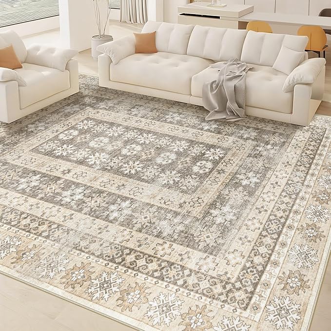 Area Rug Living Room Rugs 8x10 - Large Soft Boho Floral Rug, Non-Slip Foldable Washable Rugs Non Shedding Morden Indoor Floor Carpet for Living Room Bedroom Office Dining Room(FloralBrown, 8'x10')