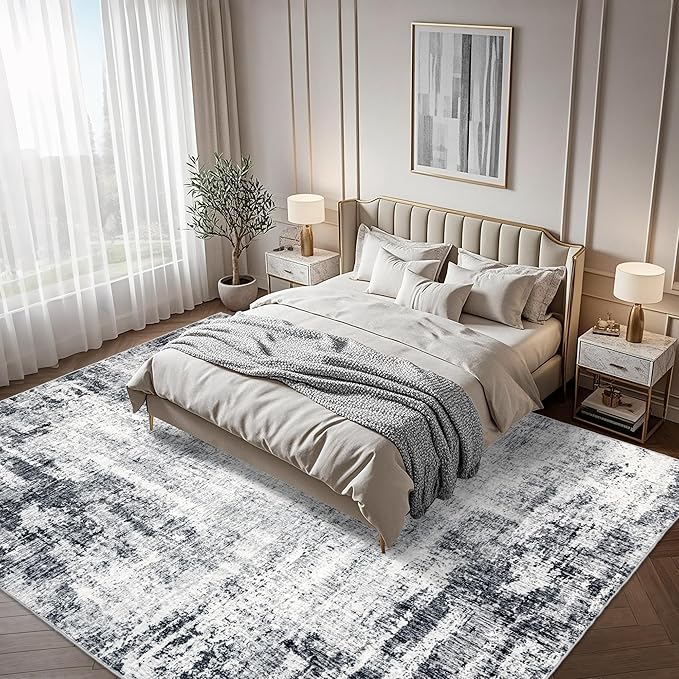 Washable 10x14 Area Rug: Modern Large Rugs for Living Room Dining Room Bedroom Office Indoor - Non-Slip Carpet Home Decor - 10x14 Black Grey