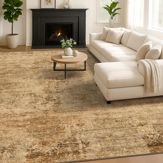 Hazo Haus Washable 7x10 Gold Brown Area Rug for Living Room Table – Neutral Dark Farmhouse Rug for Dining Room, Vintage Bedroom Under Bed, Non-Slip Stain & Fade Resistant