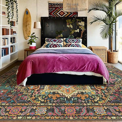 Kokia 10x14 Washable Black and Pink Area Rugs with Vintage Orient Design, Soft Rug for Living Room or Bedroom, Non-Slip Low Pile Stain Resistance Features, Distressed Medallion Pattern