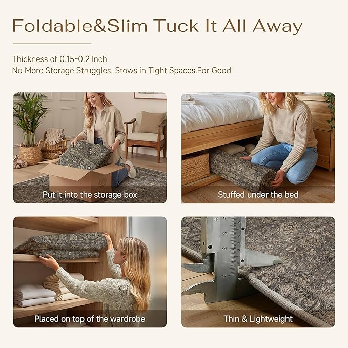 4x5 Washable Area Rug for Living Room Bedroom Vintage Brown Soft Low Pile Carpet Traditional Retro Non Slip Throw Rug for Dining Room Entryway Indoor Dorm Kitchen