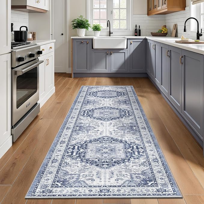 2x8 Washable Hallway Runner Rug - Kitchen Rugs with Non Slip Backing Vintage Soft Farmhouse Entryway Mat for Living Room Laundry Bedroom Bathroom Navy/Blue