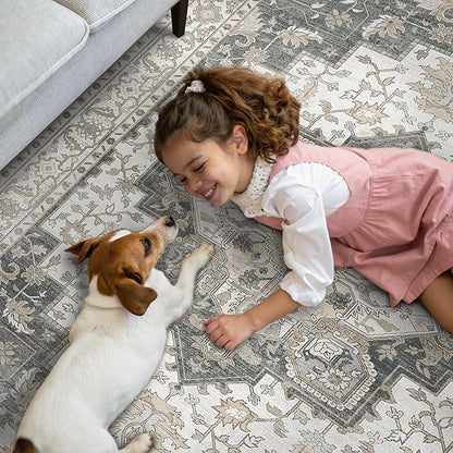 GENIMO 2x6 Runner Rugs for Hallway, Machine Washable Non Slip Vintage Retro Rugs, Low Pile Lightweight Soft Print Rug for enrtyway, Corridor, Home Office, Kitchen, Heathered Grey