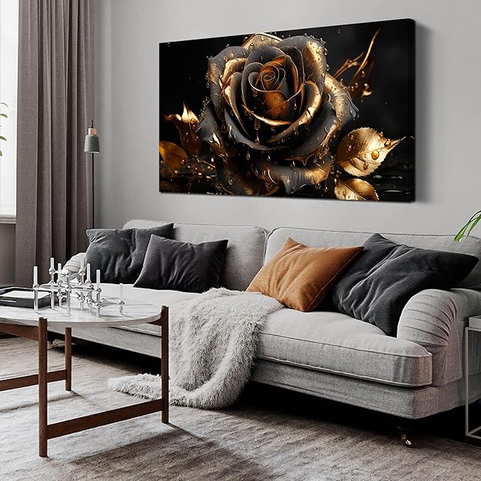 Ouzzlie Large Black Canvas Art for Bedroom Rose Wall Art Flower Picture Gold Wall Decor Artwork for Living Room Office 24" x 48"
