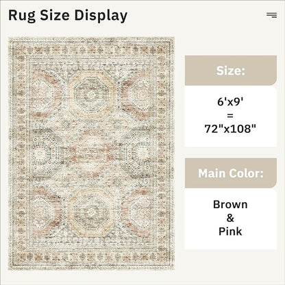 Soalmost 6x9 Area Rug for Living Room Washable 6x9 Non-Slip Modern Rugs for Bedroom Dinning Room Ultra-Thin Indoor Brown Pink