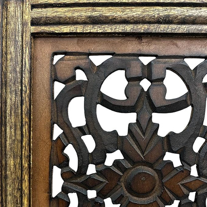 Floral Hand Carved Wooden Wall Panels Set of 2, Rustic Brown Decorative Wall Art for Living Room, Bedroom, Hallway & Home Décor, Vintage Rustic Finish Handmade Wooden Hanging Panels
