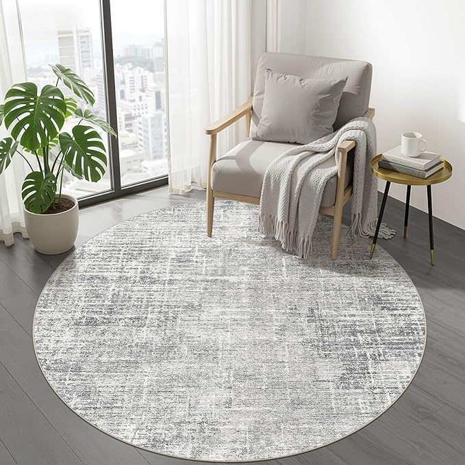 5ft Round Rug Living Room: 5x5 Washable Large Neutral Grey Circle Area Rug Abstract Soft Modern Stain Resistant Indoor Floor Non-Slip Carpet for Bedroom Nursery Kids Office Playroom Dining Room