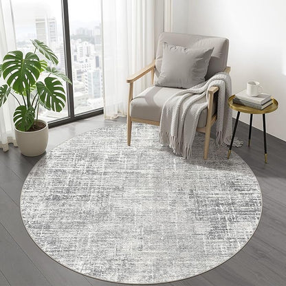 5ft Round Rug Living Room: 5x5 Washable Large Neutral Grey Circle Area Rug Abstract Soft Modern Stain Resistant Indoor Floor Non-Slip Carpet for Bedroom Nursery Kids Office Playroom Dining Room