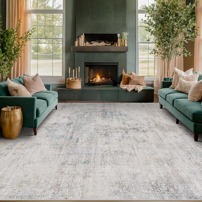 9x12 Washable Area Rug for Living Room, Large Light Blue Vintage Medallion Rug, Non Slip Low Pile Stain Resistant Carpet for Bedroom Dining Room, Soft Distressed Neutral Home Decor
