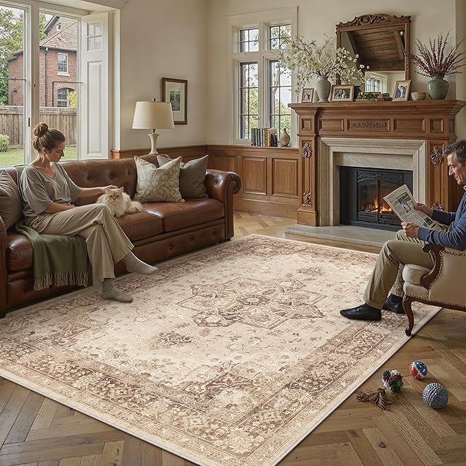 PureCozy Brown 8x10 Area Rug Washable Vintage Living Room Carpet Non Slip Retro Distressed Low Pile Soft Oriental Medallion Thin Large Throw Rug for Office Bedroom Dining Room Playroom
