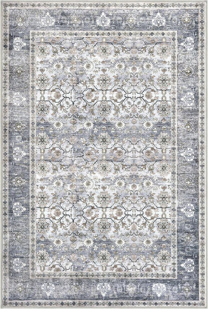 KUTA Vintage Floral Area Rug 6x9 Grey Blue, Washable Rugs for Living Room Non Slip, Ultra Thin Soft Print Distressed Flower Low-Pile Traditional Farmhouse Carpet for Bedroom Dining Room Dorm Office