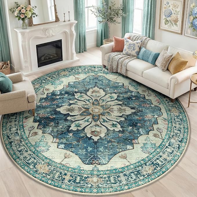 RELEANY Area Rugs Round 8ft Washable Non-Slip, Floral Vintage Distress Print Pattern Medallion Carpet for Living Room Bedroom Dining Room, Dark Blue Vintage
