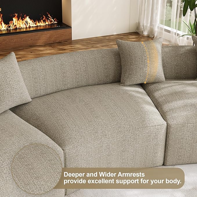 134" Oversized Sectional Sofa for Living Room, Modern Luxury Plush Chenille 4-Seater Extra Deep & Wide Seat Curved Cloud Couch with 5 Throw Pillows, No Assembly Needed, Light Brown